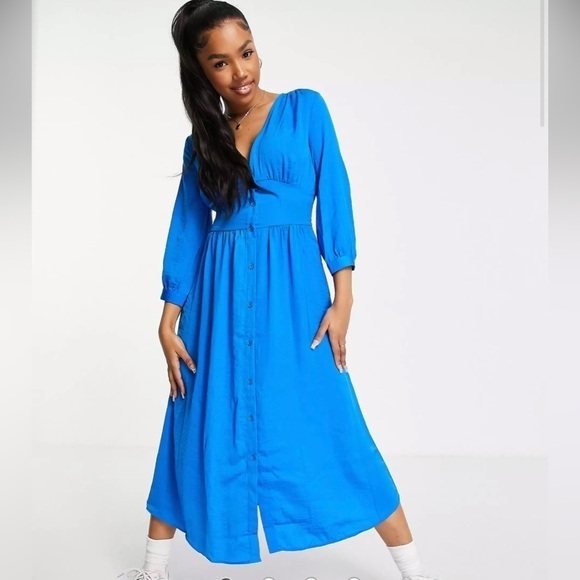 STRADIVARIUS BLUE SILKY SATIN BUTTON DOWN MIDI DRESS SIZE XS - Picture 1 of 9